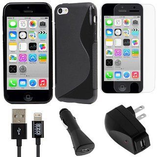 BIRUGEAR Black Flexible S Shape TPU Case with Screen Protector, Lightning Cable, Charger for Apple iPhone 5C Cell Phones & Accessories