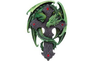 Woodland Guardian Plaque ~ Green Dragon Wrapped Around Celtic Cross Wall Hanging   Wall Sculptures