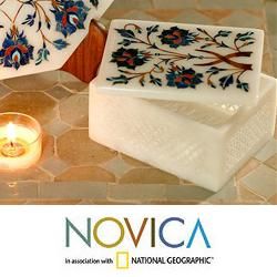 Marble 'Floral World Heritage' Multi gem Inlay Jewelry Box (India) Novica Jewelry Boxes