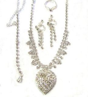 Rhinestone Crystal Necklace Set Earrings, Ring a Bracelet and a Heart Shaped Pendant Outerwear Clothing