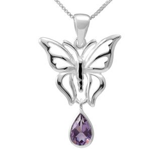 Sterling Silver Teardrop Amethyst Butterfly Necklace (Thailand) Necklaces