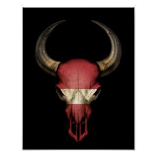 Latvian Flag Bull Skull on Black Posters