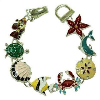 Silver Tone Colorful Sea Turtle Dolphin Shell Fish Crab Magnetic Clasp Charm Bracelet Elegant Trendy Fashion Jewelry Jewelry