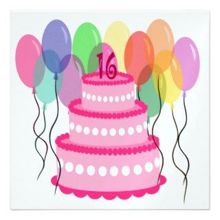 Pink Sweet Sixteen Cake Birthday Party Invitations
