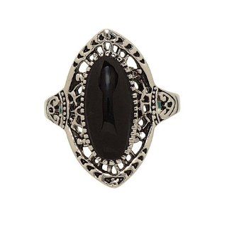 Antique Finish Black Onyx Rhodium Plated Fashion Ring Jewelry
