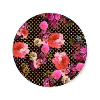 Elegant Pink Vintage Flowers Black Gold Polka Dots Stickers
