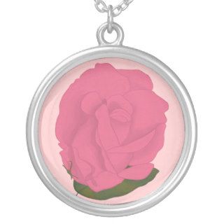 Pink Rose Green Leaf Painting, silver necklaces