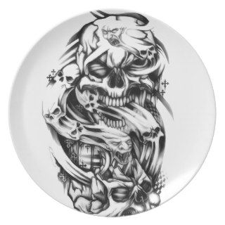 Evil skull tattoo style art. Sin and smoke skulls. Party Plates