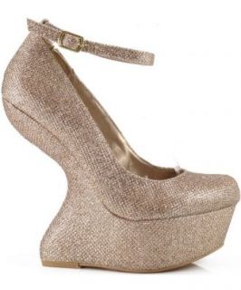 Qupid Ting 01 Glitter Heel Less Ankle Strap Curved Wedge CHAMPAGNE Shoes