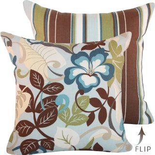 Kona Blend Collection   Designer Outdoor Decorative Throw Pillow 20" Square Cover   Tropical Flowers and Stripes   Blue, Brown, Off White and Green Hues   1 Cover, 2 Looks  Patio Furniture Pillows  Patio, Lawn & Garden