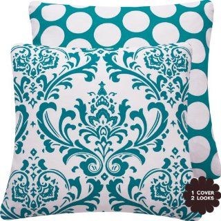 Turquoise Mist Collection   20" Square Decorative Throw Pillow Cover   Damask and Polka Dots   White and Blue Hues   1 Pillow Cover, 2 Looks   Turquoise Accent Pillows