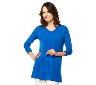 Susan Graver Liquid Knit Top with Ruched & Ruffle Detail Sleeves —