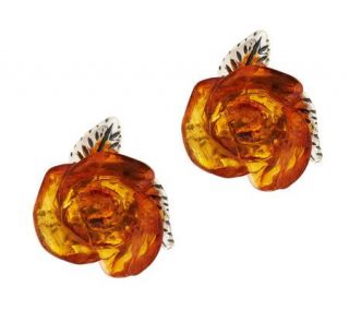 Baltic Amber Carved Rose Sterling Stud Earrings —