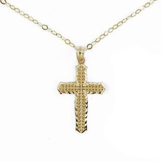 14k Yellow Gold Classic Diamond cut Cross Necklace Gold Necklaces