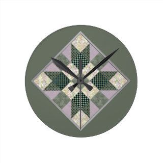 Patch Star Quilt Block Lavender & Green no numbers Wall Clock