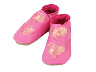 leather baby shoes love hearts pink glitter by starchild shoes