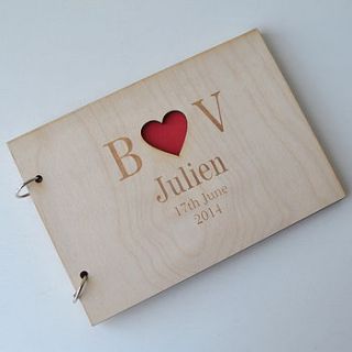 personalised heart initials wooden guest book by clouds and currents