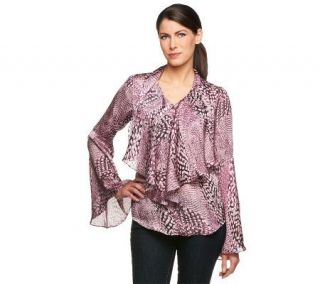 Mark of Style by Mark Zunino Printed Cascade Front Top with Bell Sleeves —