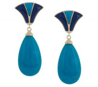 Turquoise Drop and Lapis Fan Design Earrings 14K Gold —