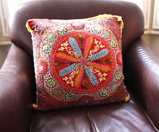 large red embroidered cushion by london garden trading