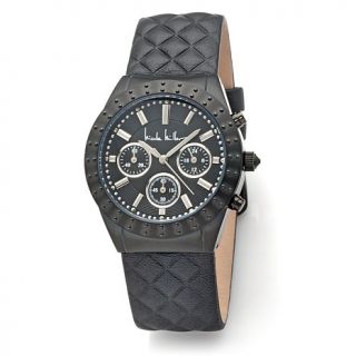 Nicole Miller "Maya" Black Stainless Steel Quilted Leather Strap Watch