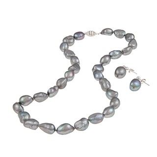 DaVonna Silver Grey FW Baroque Pearl Necklace and Earrings Set (10 11 mm) DaVonna Pearl Necklaces