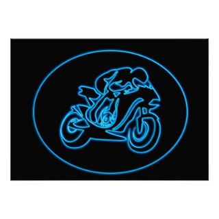 Neon Blue Racing Motorcycle Silhouette Personalized Invitation