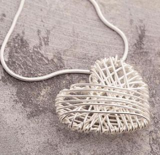 silver crocheted heart necklace on snake chain by otis jaxon silver and gold jewellery