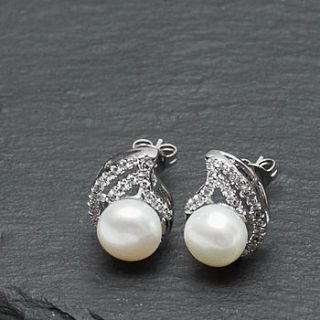 curved crystal and pearl earrings by queens & bowl