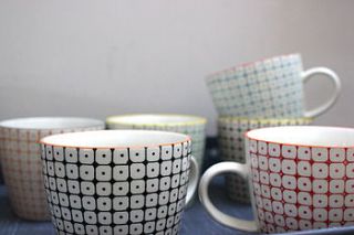 set of six hand painted danish mugs by the forest & co