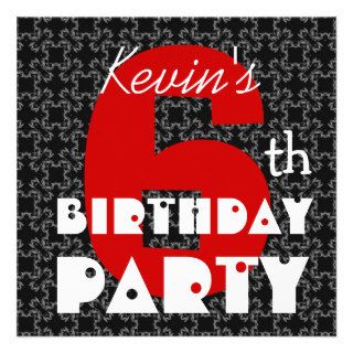 6th Birthday Party Red Black and White Big Number Invitations