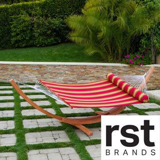 Rst Cantina Arc Hammock Stand With Striped Poly Hammock With Bolster Pillow