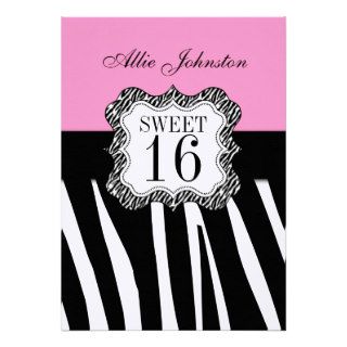 Pink Black Zebra Stripe Sweet 16 Birthday Custom Announcement