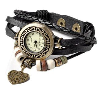 Better Dealz Retro Damen Uhr Wickelarmband Flechtarmband Leder Armbanduhr Kupfer Herz Dangle,Schwarz Uhren