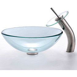Kraus Clear Glass Vessel Sink/ Sat in Nickel Waterfall Faucet