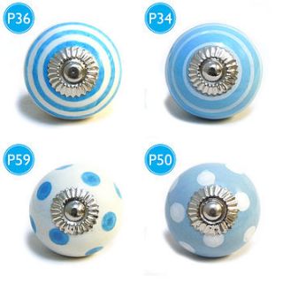 blue spots & stripes ceramic cupboard knob by pushka knobs