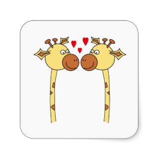Two Giraffes with Red Love Hearts. Cartoon Square Stickers