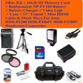 Deluxe Package Includes  3pc Filter Kit + 16gb Sd Memory Card + Replacement Np fv100 Battery + Battery Charger + LED Video Light + Case + 57" Tripod + Mini Hdmi Cable & Much More Intermediate Accessory Kit for Sony Hdr pj200 Hdr pj260v Hdr pj580v 