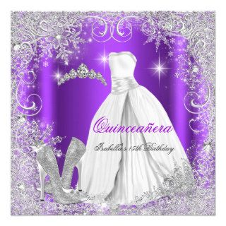 Quinceanera Party Purple Silver Winter Snowflakes Personalized Announcements