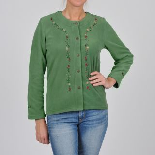 La Cera La Cera Womens Plus Size Embroidered Fleece Jacket Green Size 1X (14W  16W)