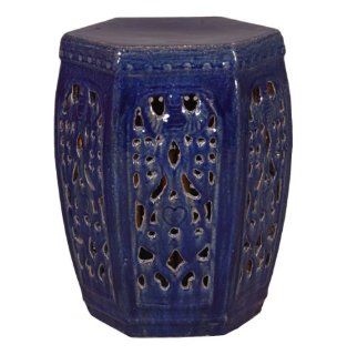 Hexagon Pierced Ceramic Garden Stool  Navy Blue Glaze   End Tables