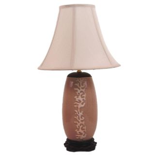Coral Raised Motif On Coral Crackle Finished Porcelain Table Lamp With Shantung Silk Bell Lamp Shade