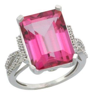 Sterling Silver Diamond Natural Pink Topaz Ring Emerald cut 16x12mm, 3/4 inch wide, sizes 5 10 Jewelry
