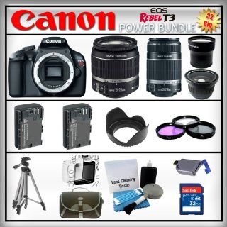 Canon EOS Rebel T3 12MP   Canon EF S 18 55mm IS II   Canon EF S 55 250mm f/4 5.6 IS   Wide Angle and 2x Telephoto Zoom Lens   32GB Memory Card   Card Reader   2 Batteries   Tulip Lens Hood   3 Piece Lens Filter Kit   Carrying Case   Screen Protector   Lens