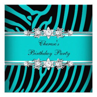 Birthday Party Teal Blue Zebra Stripe Personalized Invites