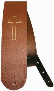 LM Products LS309 3 Inch Brown Leather with Cross Acoustic Guitar Strap Musical Instruments