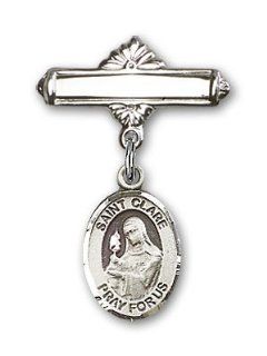Sterling Silver Baby Badge with St. Clare of Assisi (Patron Saint of (Patronage of) eyes, embroiderers, eye disease, eyes, gilders, goldsmiths, gold workers, good weather, laundry workers, needle workers, Santa Clara Indian Pueblo, telegraphs, telephones, 