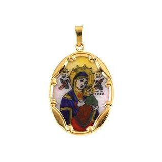 Our Lady of Perpetual Help Oval Hand Painted Porcelain Medal Pendant in 14 Karat Yellow Jewelry