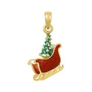 14k Gold Holiday Necklace Charm Pendant, 3d Sleigh With Christmas Tree Inside Wi Million Charms Jewelry