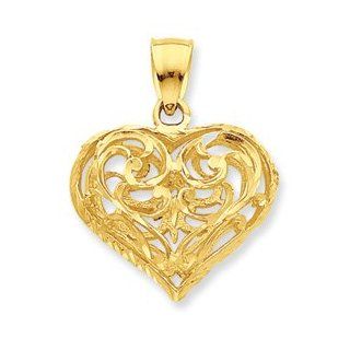 14k Gold Diamond Cut Open Filigree Heart Pendant Jewelry